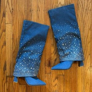 Denim sparkled knee high heeled boots